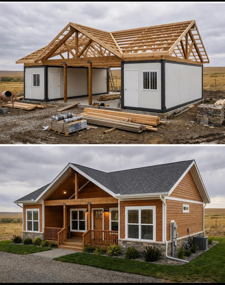 Before and after pre-fabricated home showing structural construction stage and finished completed home