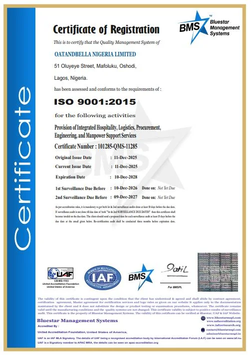 ISO certification document from supplied company proposal