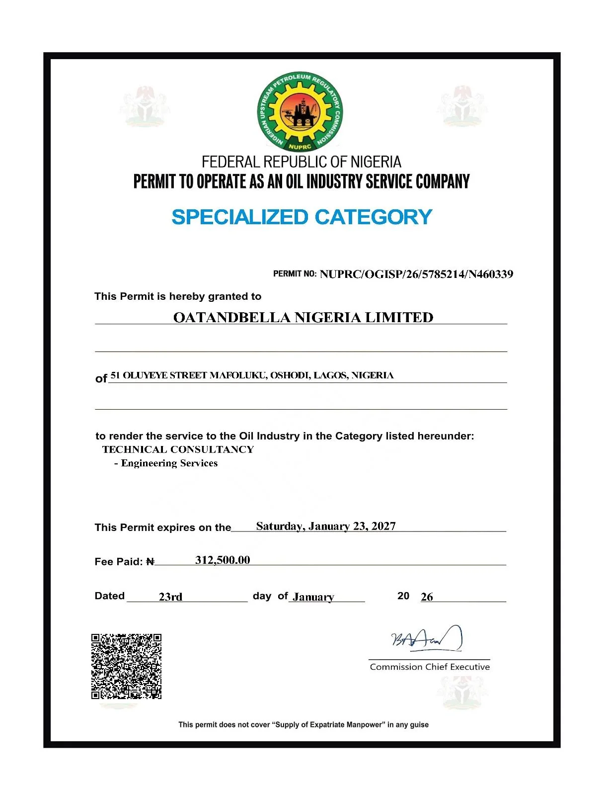 OATANDBELLA certification document from supplied company proposal