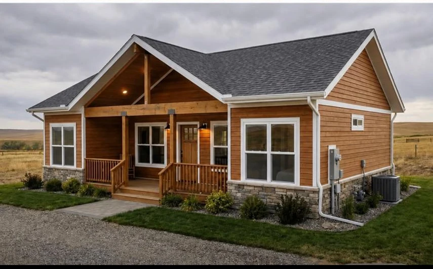 Completed pre-fabricated home with finished roof, windows and entrance porch