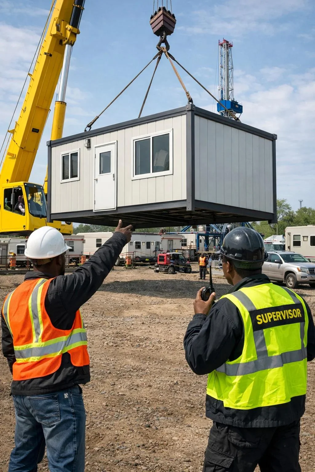 Cabin lifted for transportation and positioning