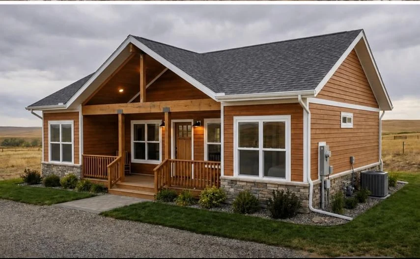 Completed pre-fabricated home after finishing and exterior works