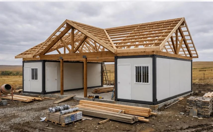 Pre-fabricated home during structural installation stage